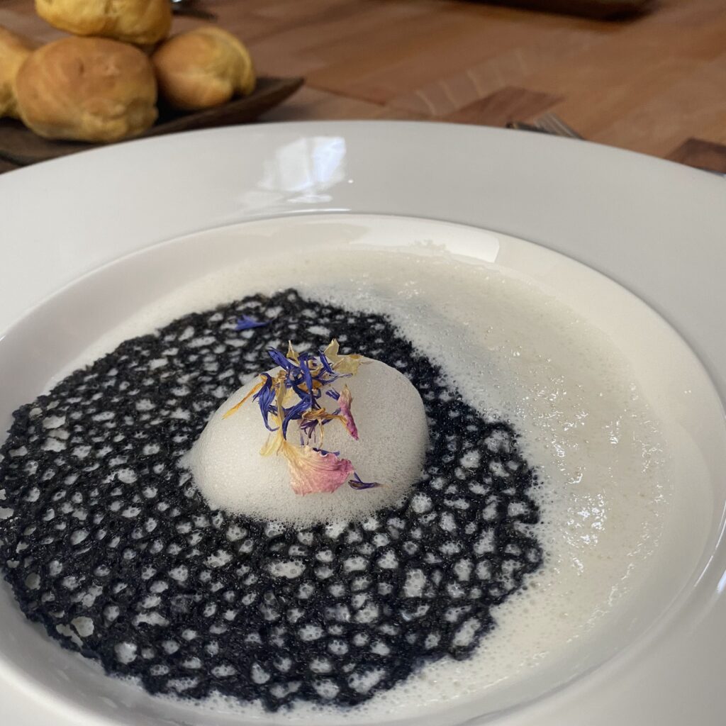 Weiße Suppe mit schwarzem Tuille, weißem Schaum und Trockenblüten